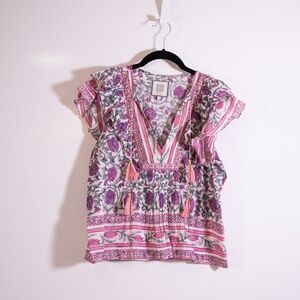 Alicia Bell Kiara Cotton Silk V Neck Ruffle Short Sleeve Blouse Shirt Top Small